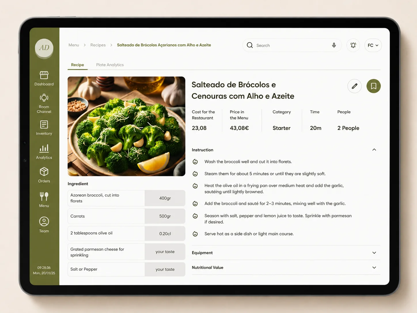 Ficha da receita gerada, com ingredientes, custo, tempo e instruções