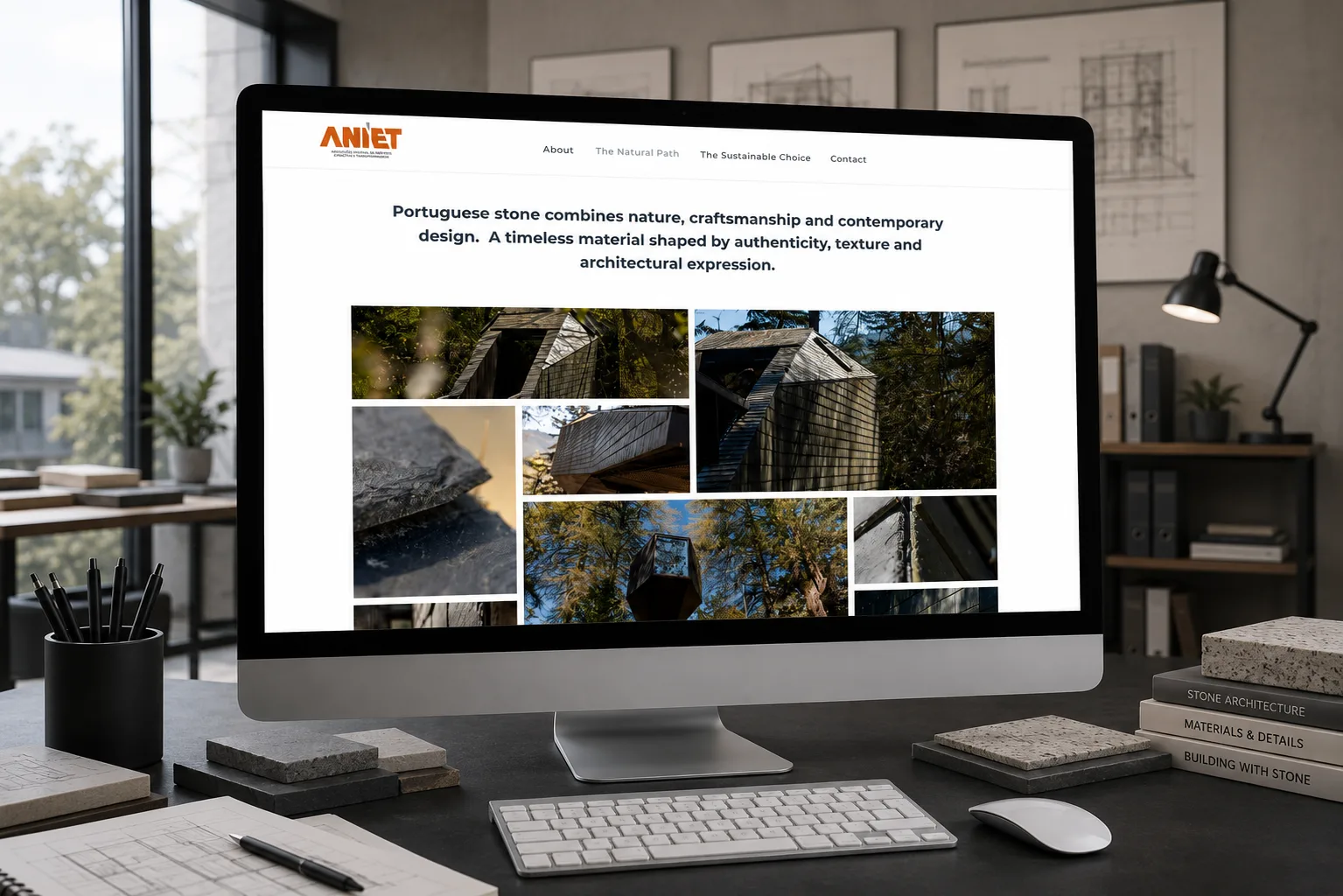 Galeria interativa do site Portuguese Stone, em mosaico com fotografias de arquitetura em pedra