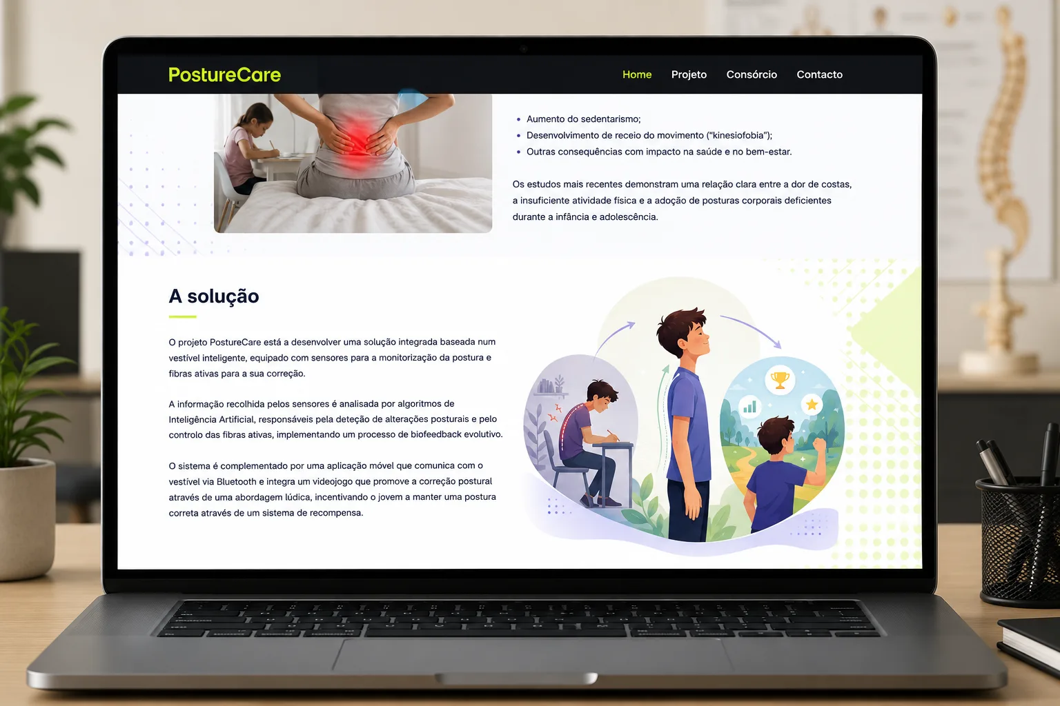 Página interior do site PostureCare, com as secções do problema e da solução