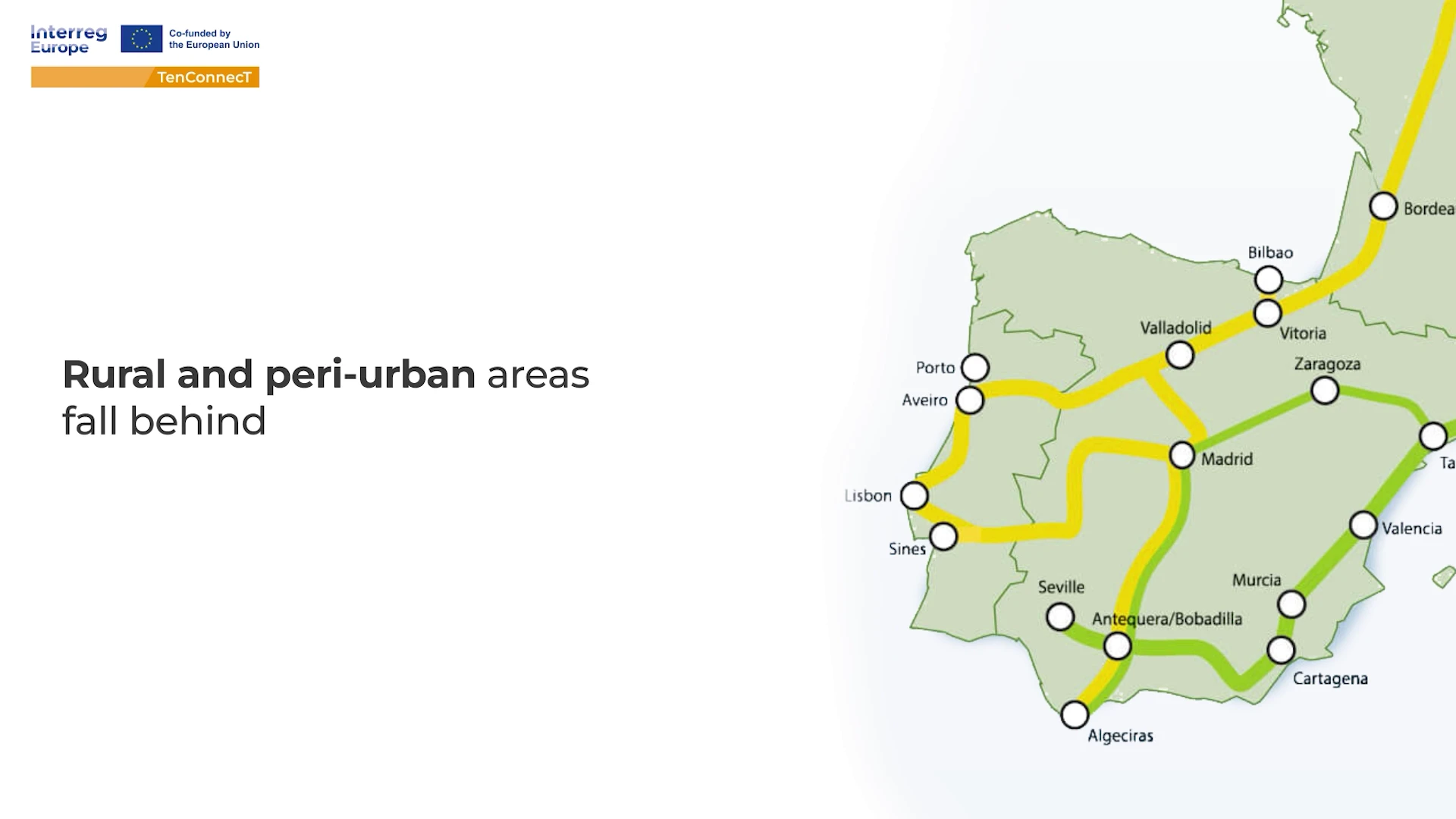 Mapa da rede de transporte na Península Ibérica, com os nós principais ligados