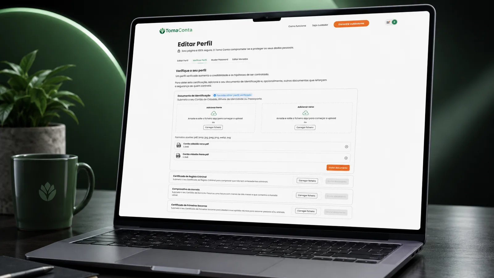 Ecrã de verificação de perfil, com envio de documento de identificação