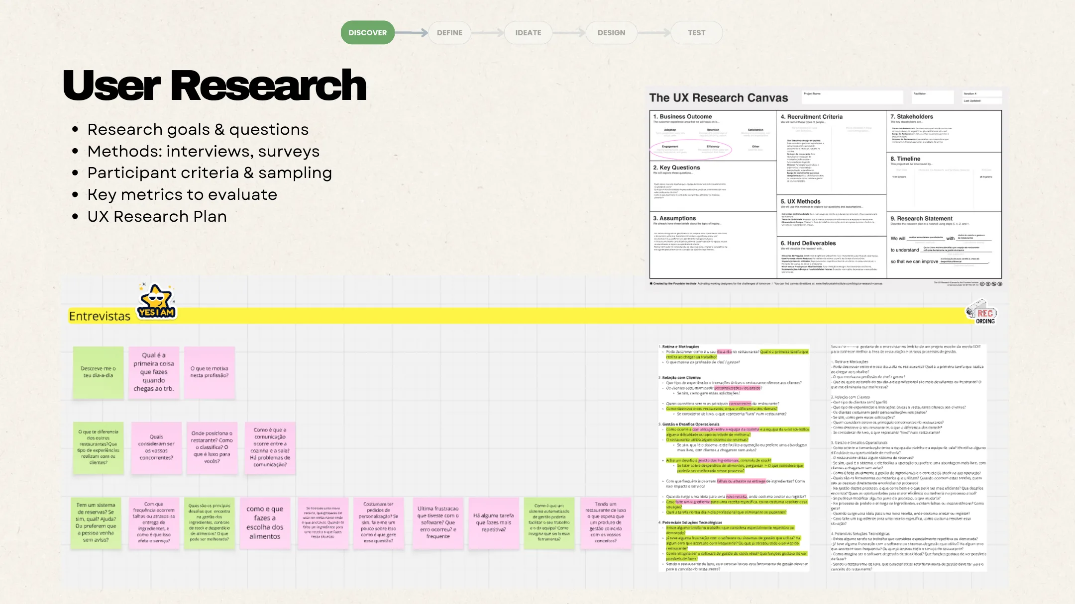 UX Research Canvas e guião de entrevistas