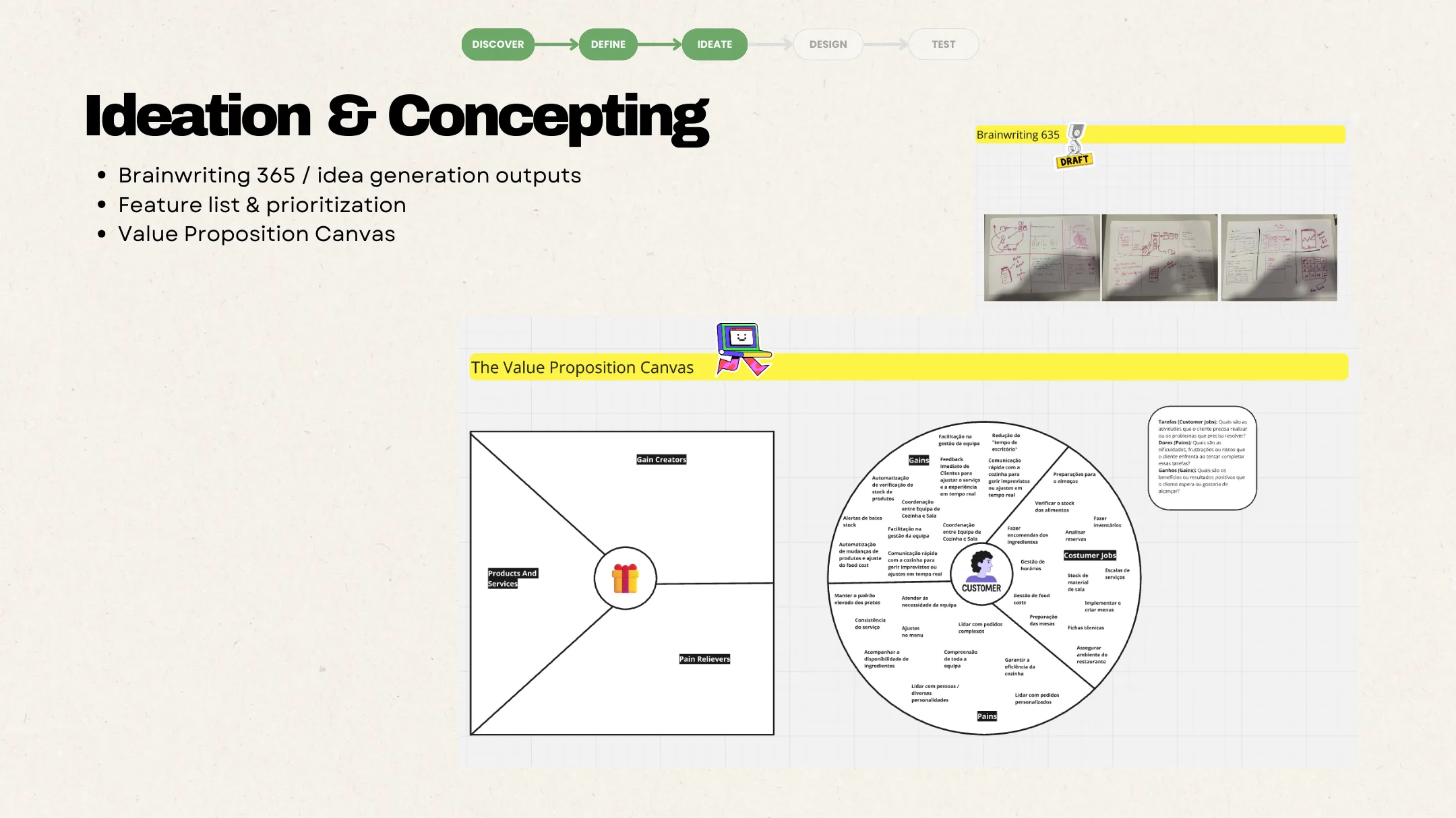 Brainwriting 6-3-5 e Value Proposition Canvas